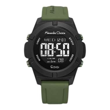 Jam Tangan Pria Alexandre Christie Digi AC 9371 MH RIPBAGN Men Black Digital Dial Green Rubber Strap