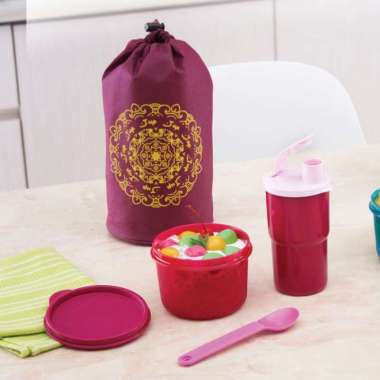 lunch box set tupperware + botol minum / tempat makan set tas makan Multicolor