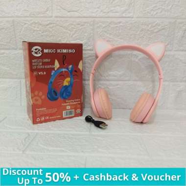 Kimiso Headphone Bluetooth Wireless Over Ear Headset Bando Motif Telinga P47M RGB LED Cat Earphone O