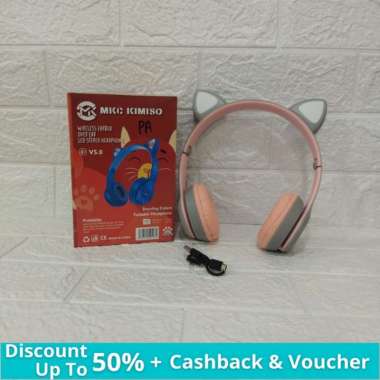 Kimiso Headphone Bluetooth Wireless Over Ear Headset Bando Motif Telinga P47M RGB LED Cat Earphone O