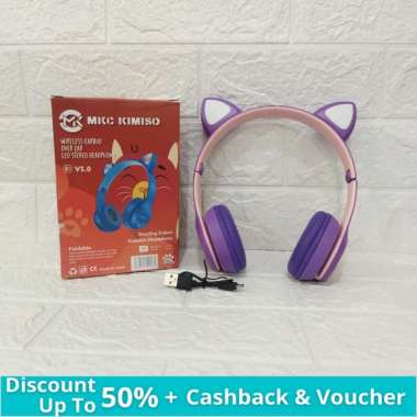 Kimiso Headphone Bluetooth Wireless Over Ear Headset Bando Motif Telinga P47M RGB LED Cat Earphone O