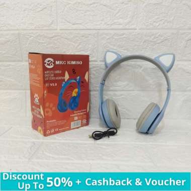 Kimiso Headphone Bluetooth Wireless Over Ear Headset Bando Motif Telinga P47M RGB LED Cat Earphone O