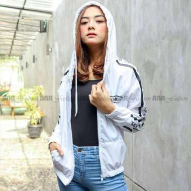 Jaket Kuxu Hoodie Resleting Wanita - Jaket Parasut Hoodie Zipper Wanita - Jaket Sporty Wanita L Puti
