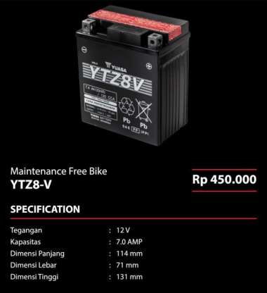Accu/Aki Motor Kering Yuasa YTZ8V untuk CBR 250, R25, MT 25, TVS Apache 200, Vespa Sprint 150