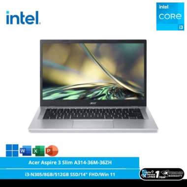 Acer Aspire 3 Slim A314-36M-36ZH [Intel Core i3-N305/8GB/512GB SSD/14″ FHD/Win 11 Home+OHS 2021/Pure Silver]