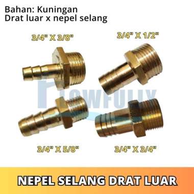 NEPEL SELANG DRAT LUAR 3/4 X 5/8 INCH KUNINGAN SAMBUNGAN DRAT LUAR