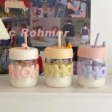 Gelas Kaca HoHo Free Sedotan Dua MODE Minum Bisa Minum Langsung Dan Minum Dengan Sedotan BMK72HO - T