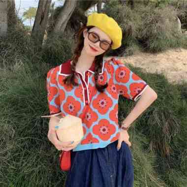 SUPERVICE IMPORT KOREAN STYLE YURA KNIT TOP BAJU RAJUT WANITA MOTIF KOREA orange