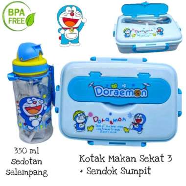 set bekal kotak makan botol minum sendok doraemon Multicolor
