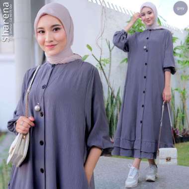 FBT Gamis Wanita Muslim SHARENA MIDI DRESS CRINKLE AIRFLOW BUSUI FRIENDLY Dress Kondangan Simple Elegan Midi Dres Korean Style Baju Muslim Pengajian GREY