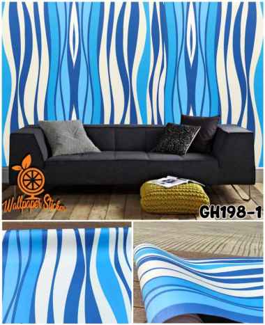 Wallpaper Stiker Dinding Garis Gelombang Biru putih Minimalis