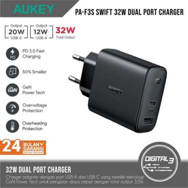 Aukey PA-F3S Swift 32W Dual Port USB-A Type C Fast Charger PD Adapter