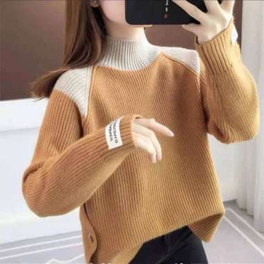 Verish Sweater kaos Baju turtleneck wanita Winter Musim Dingin Wol Rajut Winter Coklat muda