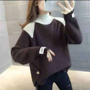 Verish Sweater kaos Baju turtleneck wanita Winter Musim Dingin Wol Rajut Winter Coklat tua