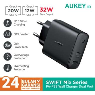 Aukey Charger Swift Series 32W / Kepala Charger Black Multicolor
