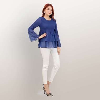 Blus Plisket double layer lengan panjang wanita Gaya Korea variasi - Jfashion Liying M/L Biru