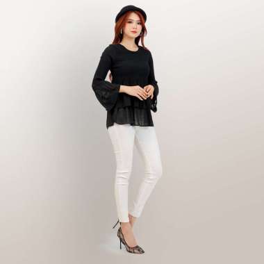 Blus Plisket double layer lengan panjang wanita Gaya Korea variasi - Jfashion Liying XL/XXL Hitam