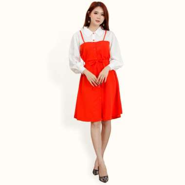 Midi Dress tunik Lengan panjang wanita gaya korea kombinasi warna - Jfashion Kenisha LS Orange