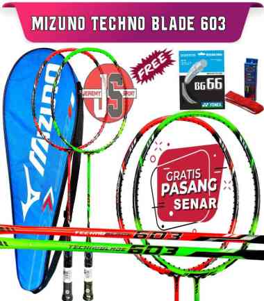 Raket Badminton Mizuno Technoblade 603 Original Raket+Senar BG 6 Ori merah