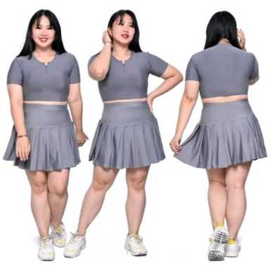 Setelan Rok Rempel Crop Resleting jumbo untuk senam gym fitness zumba Abu-abu