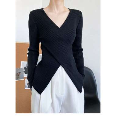 YIYI GIRL Sweater Crop Top Lengan Panjang Rajut Korea Style Premium Hitam