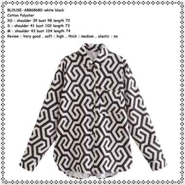 AB868680 Baju Atasan Kerja Kemeja Hitam Putih Lengan Panjang Wanita Korea Import