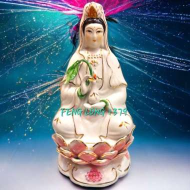 Rupang Guan Yin / Kwan Im / Avalokitesvara / Chenrezig Keramik 8 Inch Logo Lotus