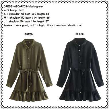 AB569253 Ruffle Mini Dress Kemeja Pesta Lengan Panjang Wanita Korea Import Hitam Black Hijau Army Gr