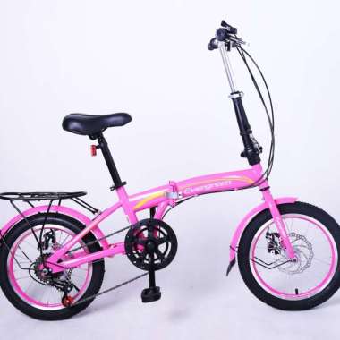 Sepeda lipat 16 inch evergreen rem cakram discbrake 7 speed ada boncengan dan spakbor SNI NEW PINK