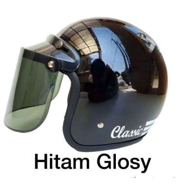 HELM BOGO GARIS KACA DATAR FREE PACKING BOX KACA DATAR SMOKE Hitam Glos