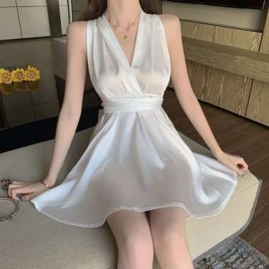 Mini Dress Wanita V neck Backless Tali Pinggang Ellegant Bahan Satin Sedang (L/XL) Biru Mint/Wardah