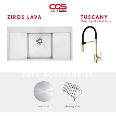 Paket CGS Ziros Lava Kitchen Sink + CGS Tuscany Pull Down Taps Brushed Brass