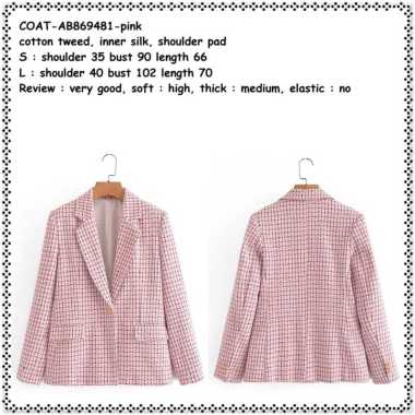 AB869481 Tweed Blazer Blezer Kerja Kotak Wanita Korea Import Pink