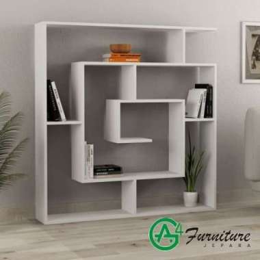 Rak Buku Kayu Minimalis Geometric Putih