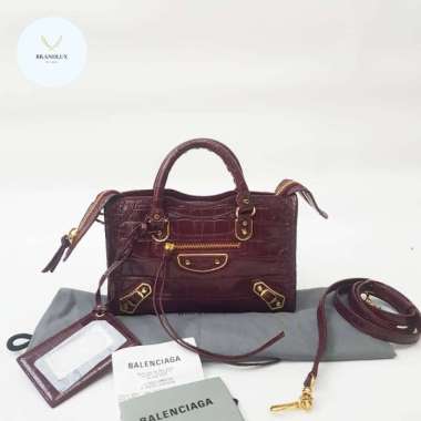BALENCIAGA Nano city edge croco Maroon GHW - 100% Authentic