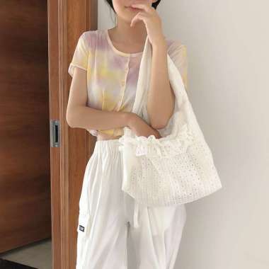 Verish TC-40 tas kain kerut renda putih wanita import korea jepang bahu shoulder bag