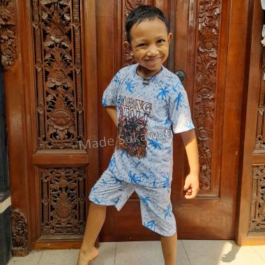 Setelan baju kaos celana anak motif barong bali adem M Putih hijau
