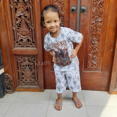 Setelan baju kaos celana anak motif barong bali adem XXL Putih abu
