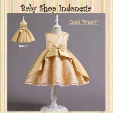 Dress Gaun Pesta Anak Import Cross Shoulder Beads Gold Big Bow 110 Gold Pearl