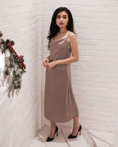 ELLIPSESINC Dress Silky Elegan / Abigail Silky Slip Midi Dress L TAUPE