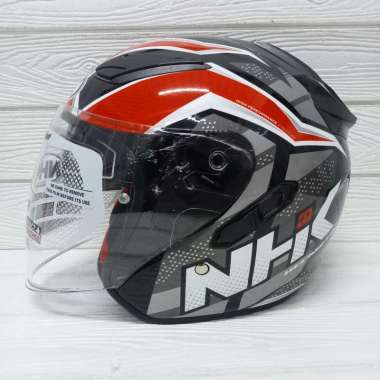 HELM NHK R1 SUBJECT BLACK RED SILVER DOUBLE VISOR HALF FACE XL