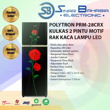 POLYTRON PRM-28CRX KULKAS 2 PINTU MOTIF RAK KACA LAMPU LED (NEW) (KHUSUS BANDUNG)