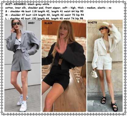 AB368831 SET Setelan Baju Blazer Celana Pendek Wanita Korea Import Hitam Putih Black White Grey