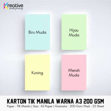 karton tik manila warna (a3 / 200 gsm / 1 pack = 25 lbr) Multicolor