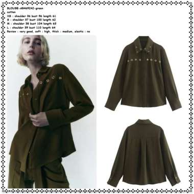 AB469242 Baju Atasan Kemeja Lengan Panjang Wanita Korea Import Hijau Army Green
