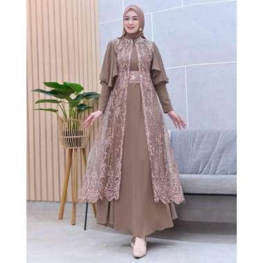 Baju Gamis Wanita Muslim Janeeta Dress BO Bahan Kain Ceruty Babydoll Mix Brukat Dress Set Outer Dres