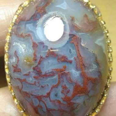 Cincin Akik Batu Lumut Merah Motif Pirus Nogosui Antik