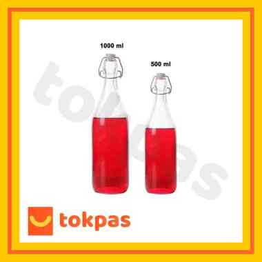 Botol Kaca Bening Korken Tempat Air Minum Susu Dengan Tutup Kait Anti Tumpah 500 ml + Sticker