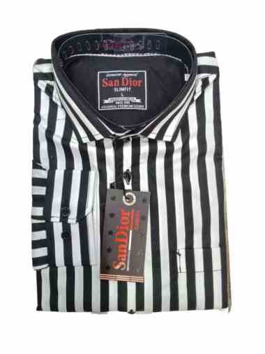 Kemeja Casual Pria Lengan Panjang Kerah Baju Motif Garis-garis Hitam Putih Bahan Katun Premium XXXL