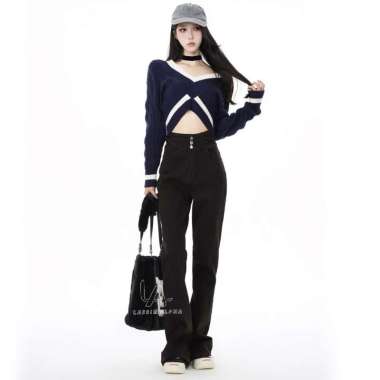 Lassie Alpha J60 Hitam Jeans Highwaist Jeans Kulot boyfriend Jeans Panjang Wanita Stretch Cutbray Ce